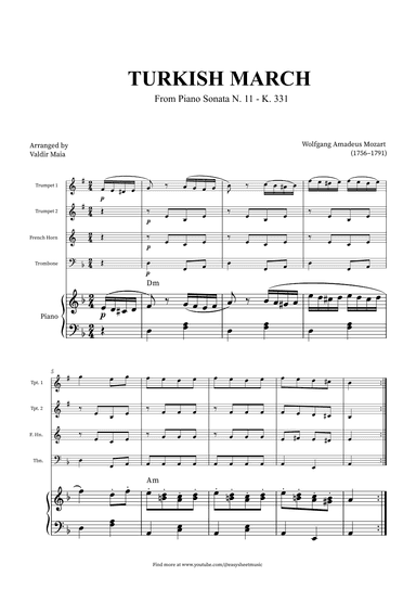 Turkish March - Brass Quartet and Piano + CHORDS (arr. Valdir Maia)