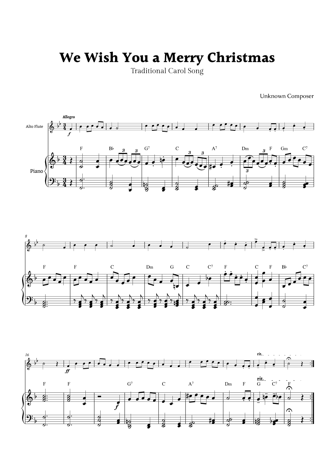 We Wish you a Merry Christmas for Alto Flute and Piano (arr. Rika K.)