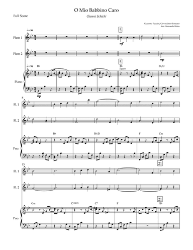 O Mio Babbino Caro (Puccini) for Flute Duo and Piano Accompaniment with Chords (arr. Fernando Britto)