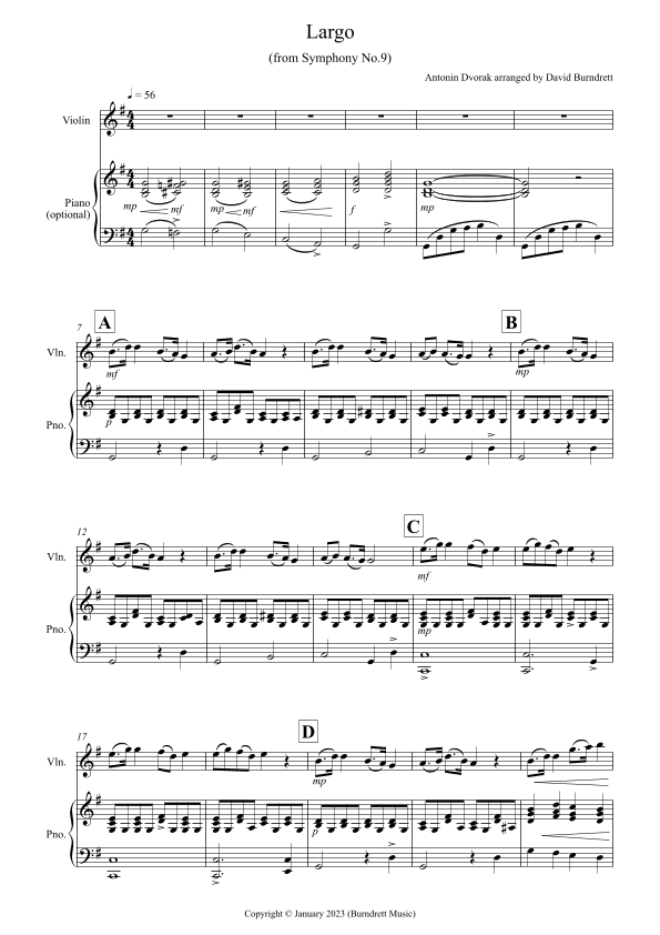 Largo (from the 'New World Symphony') for Violin and Piano (arr. David Burndrett)