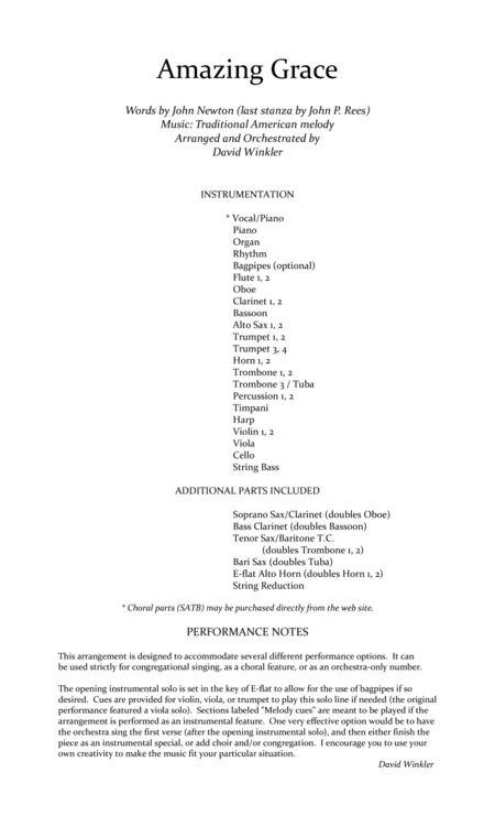 Amazing Grace (with opt.Bagpipes) - orchestration (arr. David Winkler)