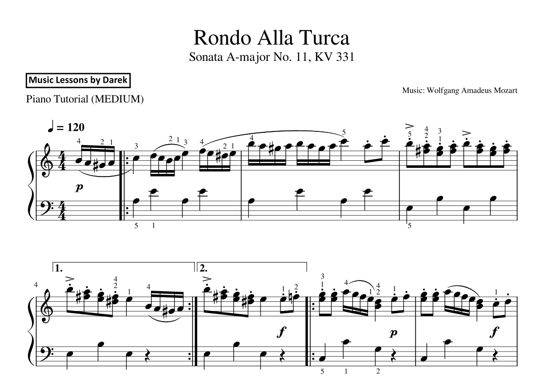 Rondo Alla Turca (MEDIUM PIANO) Sonata A-major No. 11, KV 331 [Wolfgang Amadeus Mozart] (arr. Darek)