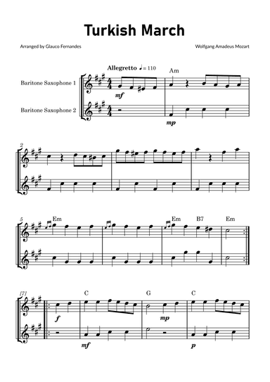 Turkish March by Mozart - Baritone Saxophone Duet with Chord Notations (arr. Glauco Fernandes)