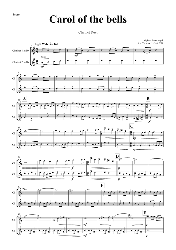 Carol of the Bells - Pentatonix style - Clarinet Duet (arr. Thomas Graf)