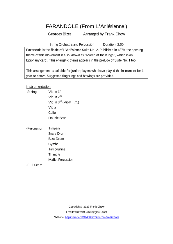 Farandole (From L'Arlésienne ) (for string orchestra and percussion) (arr. Frank Chow)