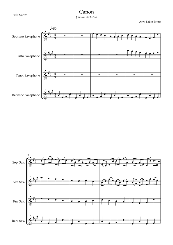 Canon - Johann Pachelbel (Wedding/Reduced Version) for Saxophone Quartet (arr. Fabio Britto)