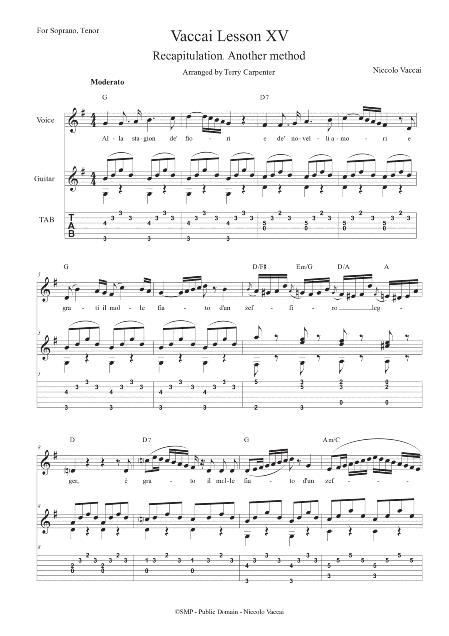 Vaccai - Lesson 15 Recapitulation. For tenor and soprano voice with guitar (arr. Terry Carpenter)