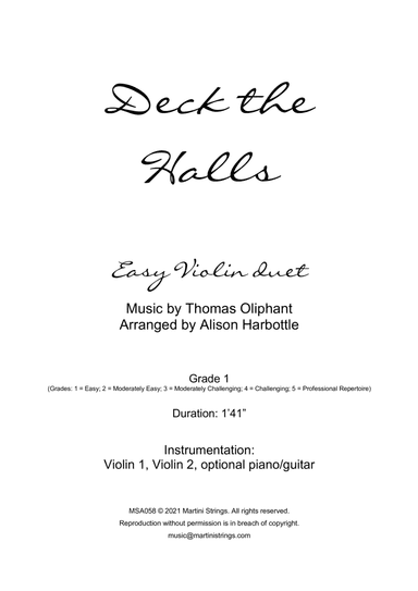 Deck the Halls - Christmas Carol, easy violin duet (arr. Alison Harbottle)