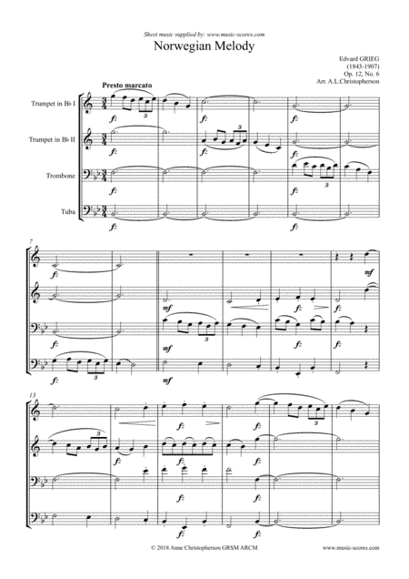 Norwegian Melody, Op.12, No.6 - Brass Quartet (arr. Anne L Christopherson GRSM ARCM)