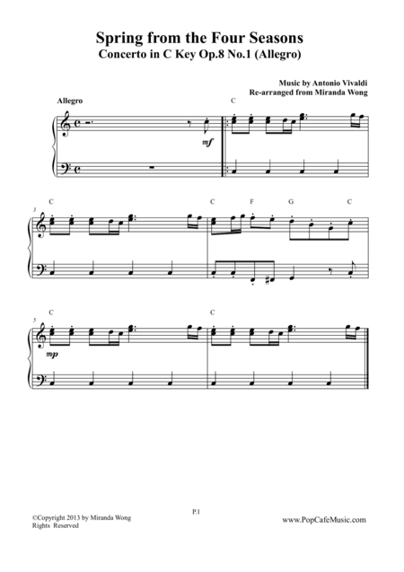 Spring from Four Seasons by Vivaldi - C Key for Piano Solo (arr. Miranda Wong)