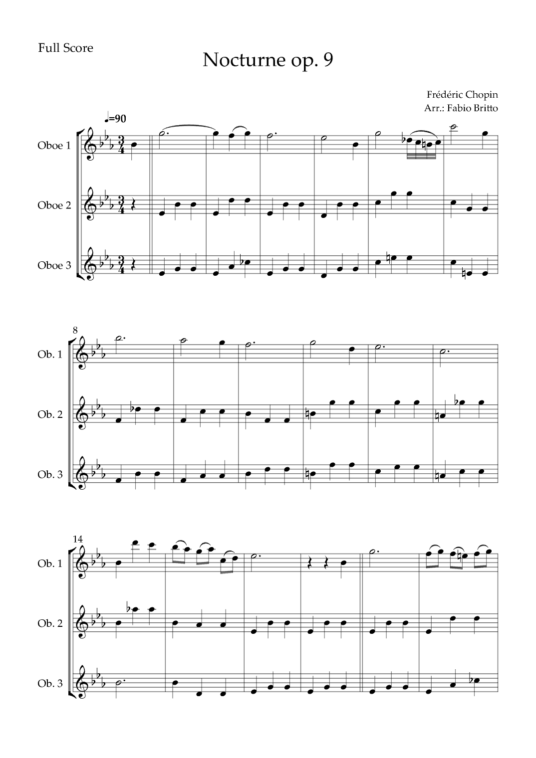 Nocturne Op.9 No. 2 (Frédéric Chopin) for Oboe Trio (arr. Fabio Britto)