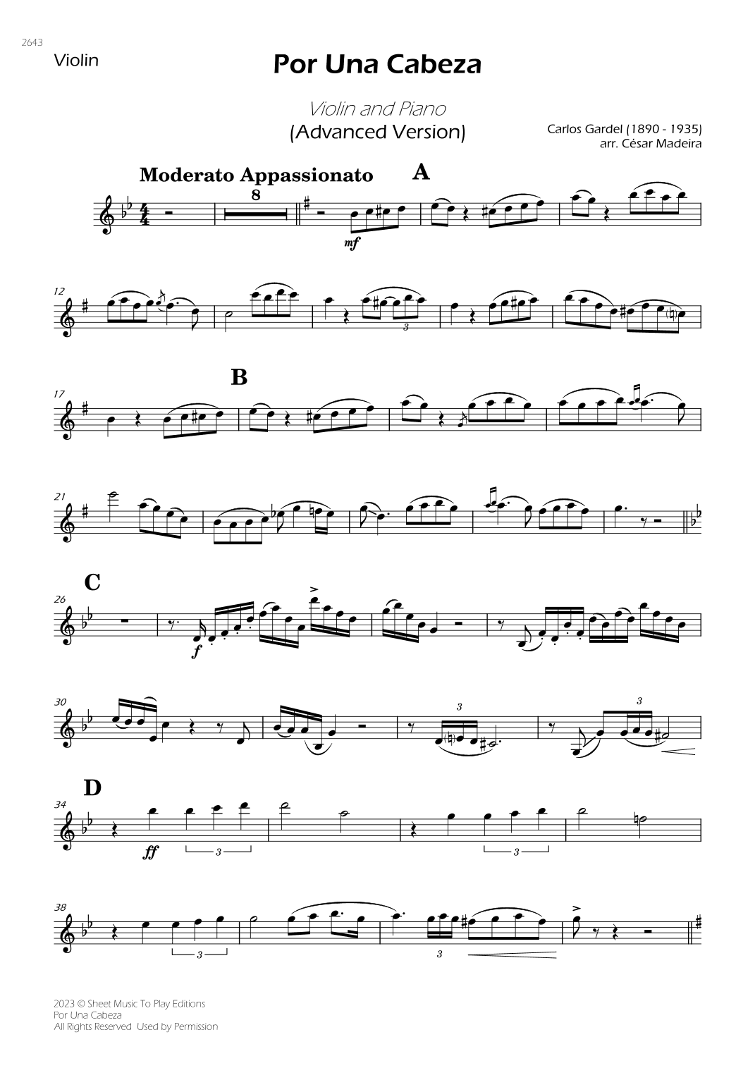 Por Una Cabeza - Violin and Piano - Advanced (Individual Parts) (arr. César Madeira)