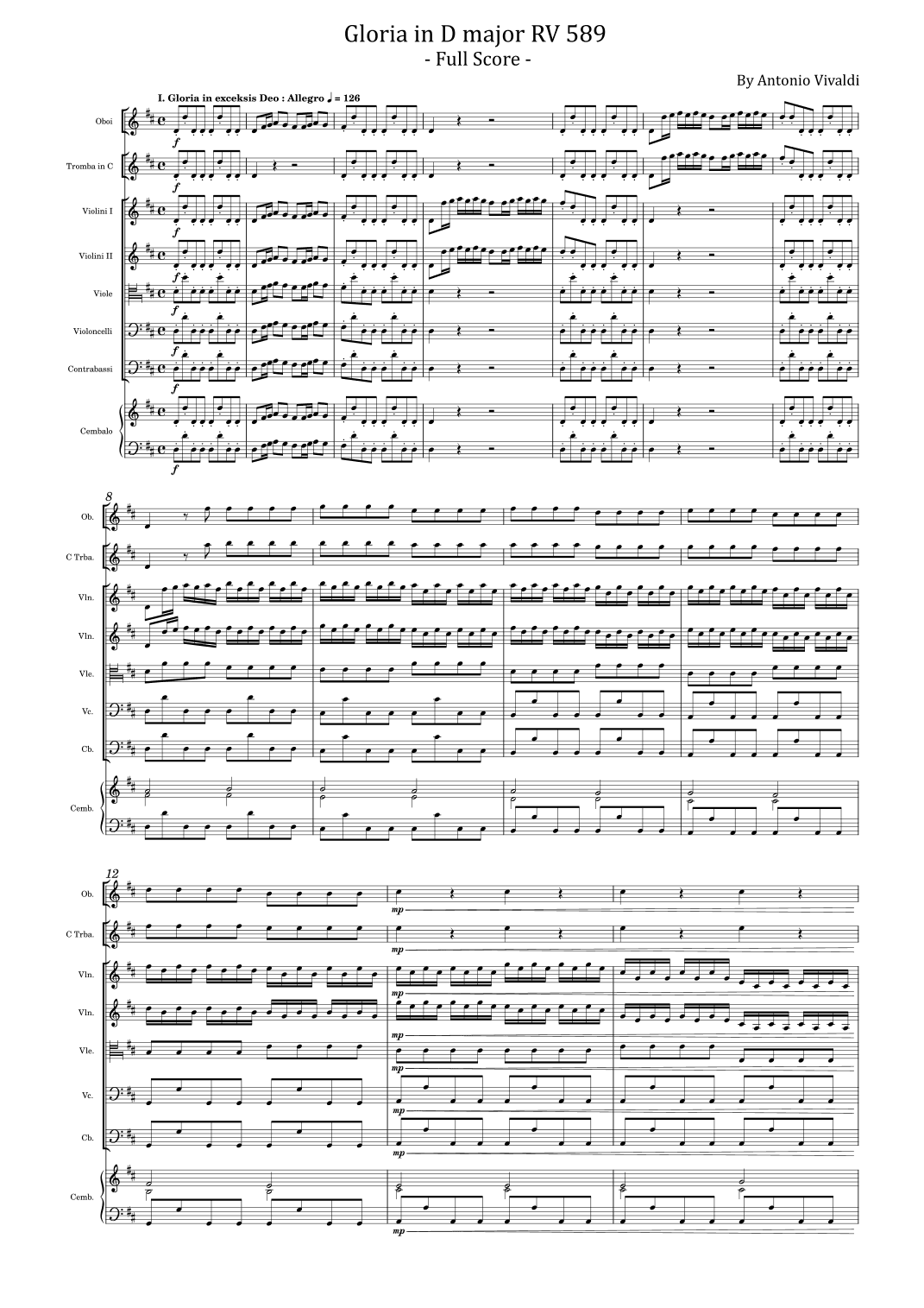 Vivaldi - Gloria in D major, RV 589 Full Score Original (arr. poon)