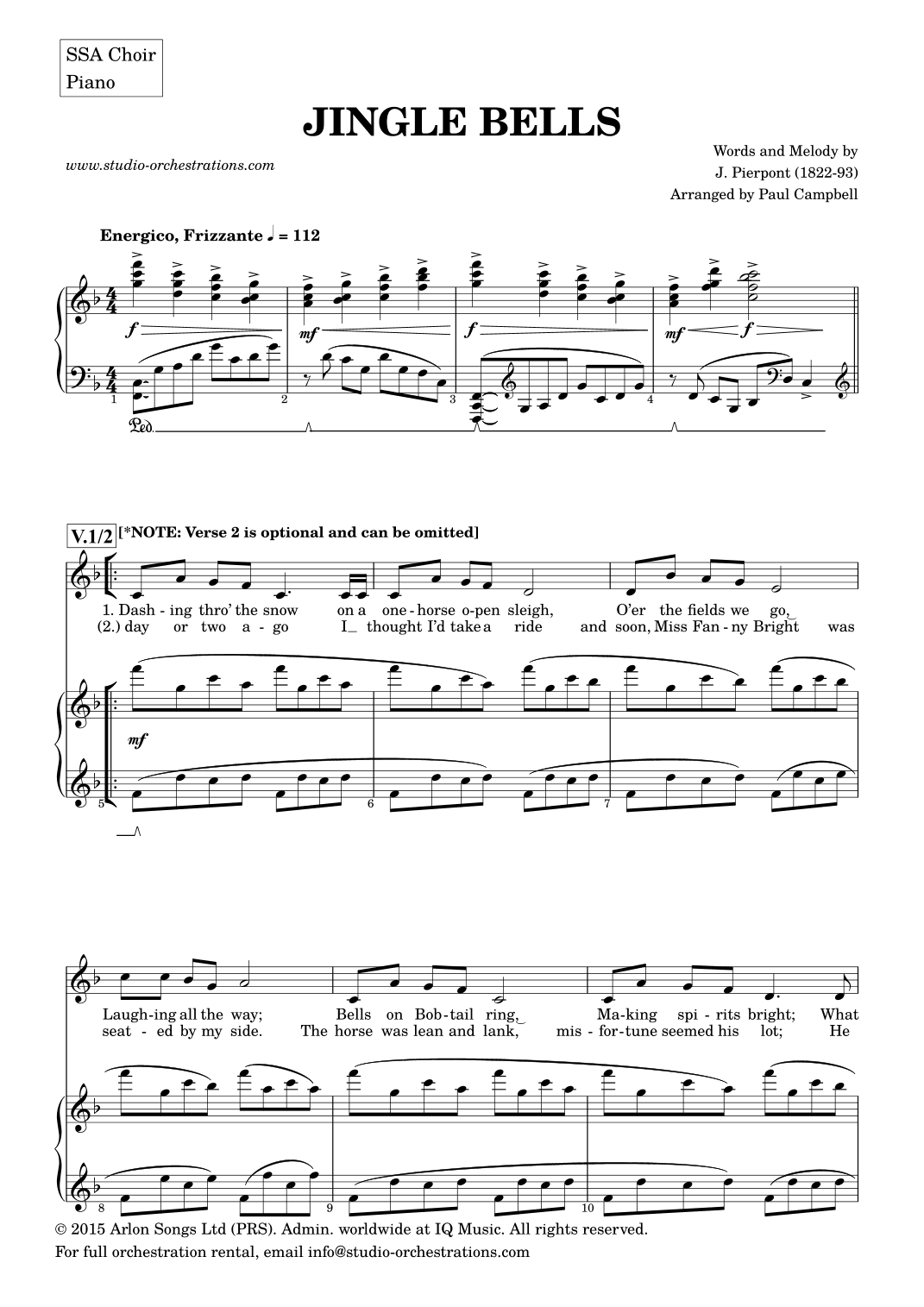 Jingle Bells (SSA, Piano PLUS bonus Percussion Part) (arr. Paul Campbell / Studio Orchestrations)