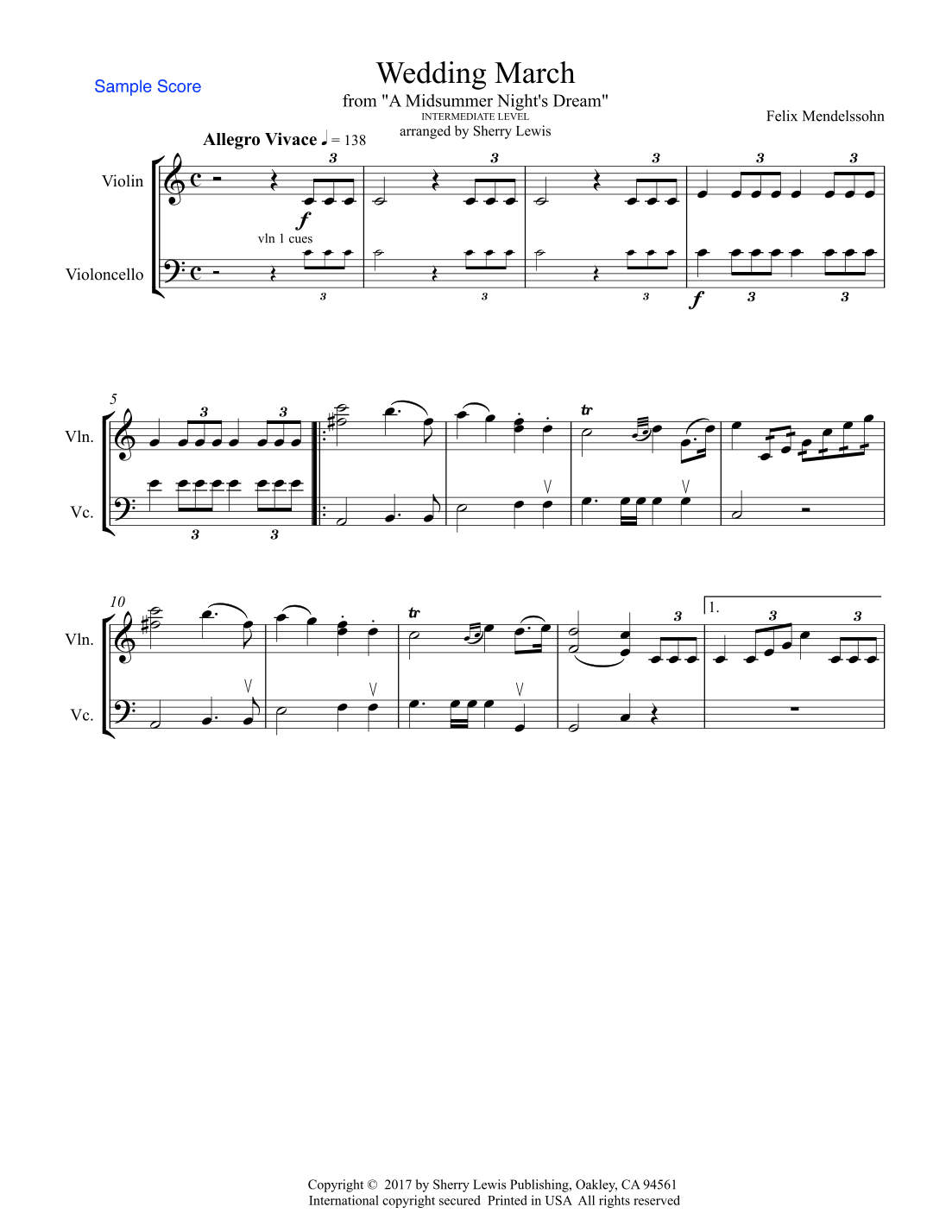 WEDDING MARCH String Duo, Intermediate Level for violin and cello (arr. Sherry Lewis)