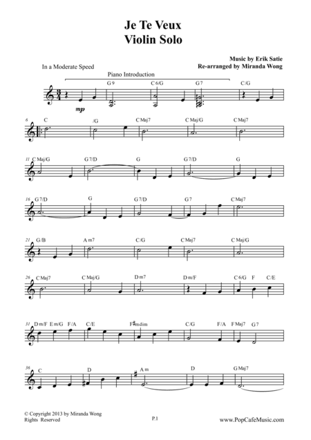 Je Te Veux - Wedding Music for Violin & Piano (Romantic Pop Version) (arr. Miranda Wong)