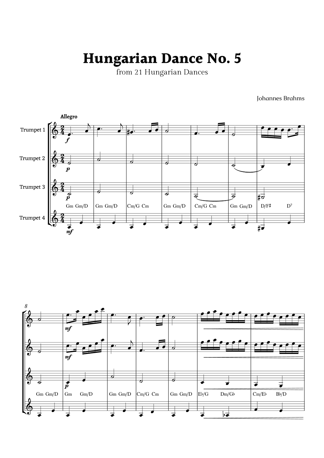 Hungarian Dance No. 5 by Brahms for Trumpet Quartet (arr. Rika K.)