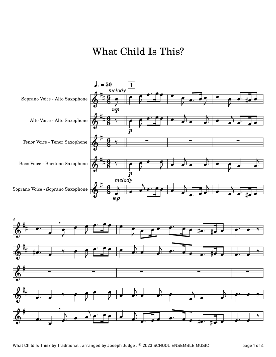 What Child Is This for Saxophone Quartet in Schools (arr. Joseph Judge)