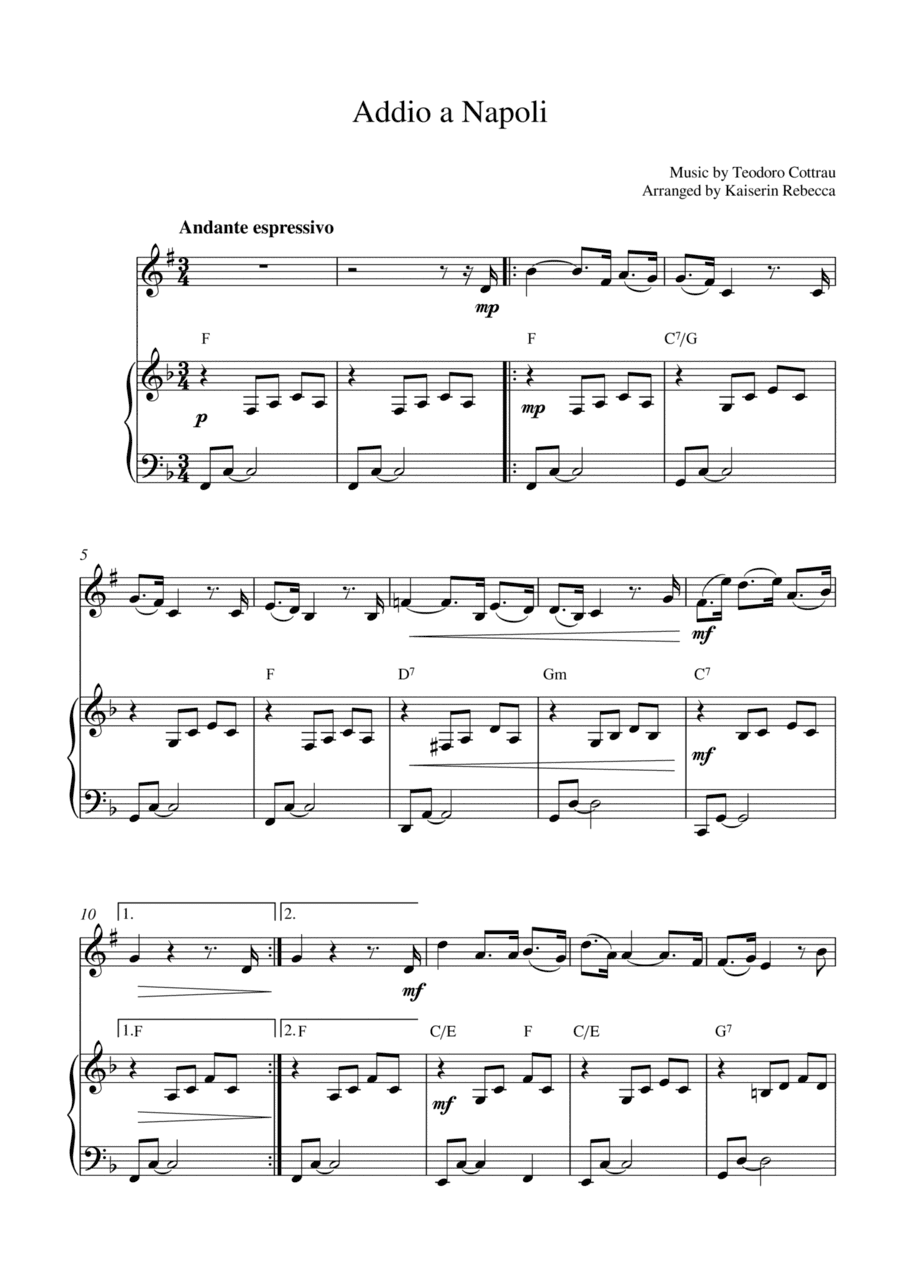 Addio a Napoli (for trumpet in B flat solo and piano accompaniment) (arr. Kaiserin Rebecca)