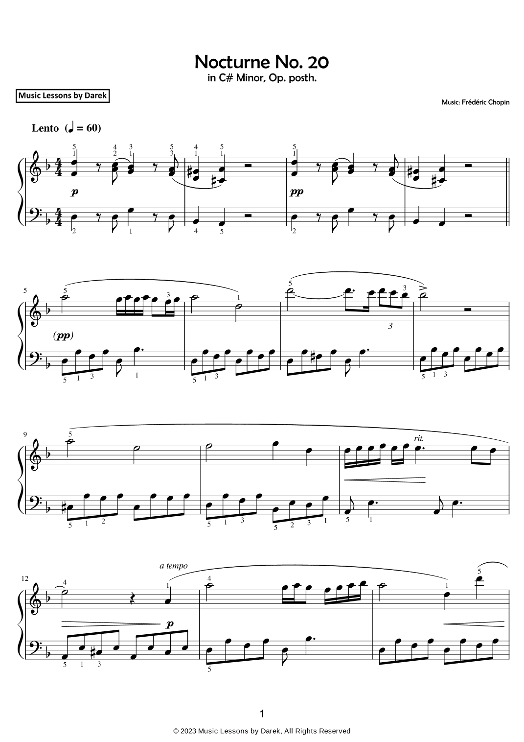 Nocturne No. 20 (EASY PIANO) in C# Minor, Op. posth. [Frédéric Chopin] (arr. Darek)