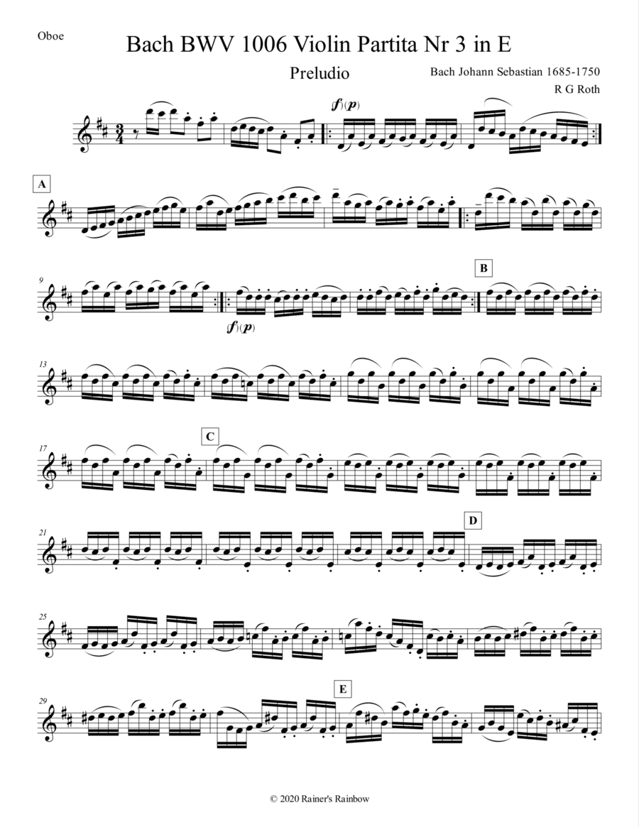 Bach BWV 1006 in E Violin Partita Nr 3 complete for Oboe or Sax (arr. R G Roth)