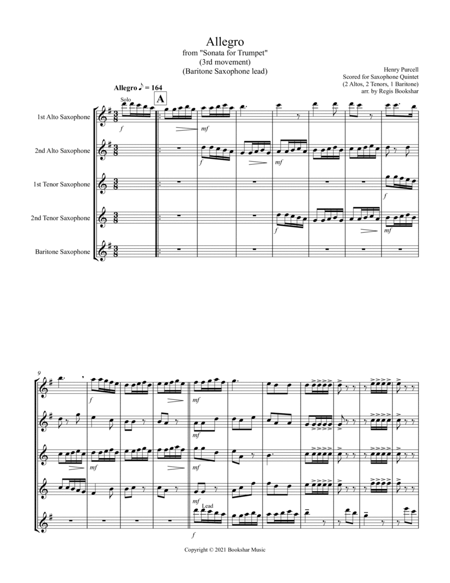 Allegro (from "Sonata for Trumpet") (Bb) (Saxophone Quintet - 2 Alto, 2 Tenor, 1 Bari) (Baritone lea (arr. Regis Bookshar)