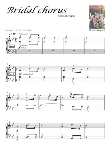 Bridal Chorus (Wagner) Piano Solo Grade 1 - 2 with note names & guided finger numbers (arr. Harmony Valarie @ Teacher Valarie)