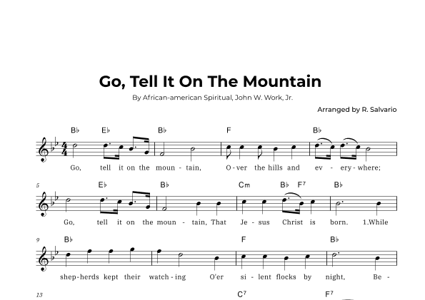Go, Tell It On The Mountain (Key of B-Flat Major) (arr. R. Salvario)
