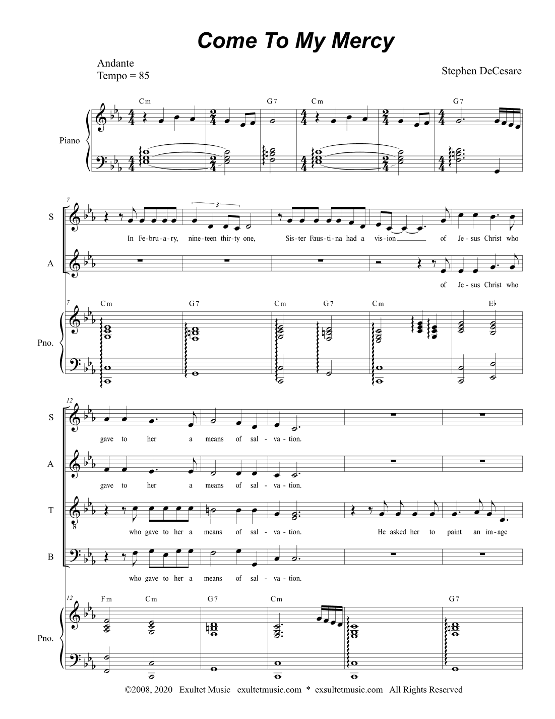 Come To My Mercy (Vocal Quartet - (SATB)