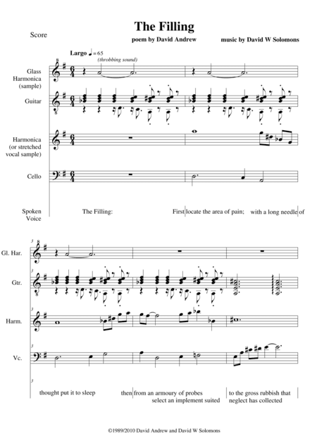The Filling for spoken voice, cello, classical guitar, glass harmonica and harmonica