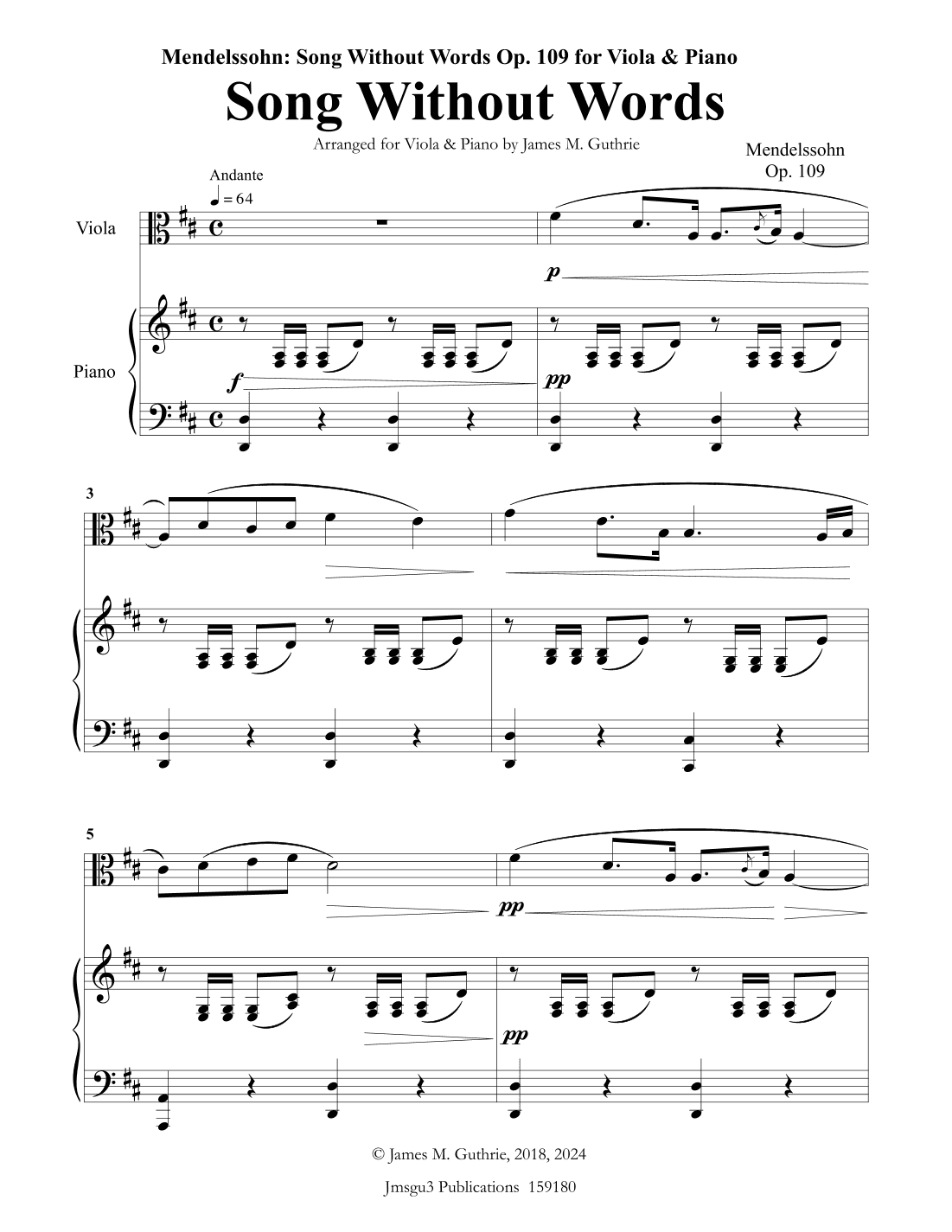 Mendelssohn: Song Without Words Op. 109 for Viola & Piano (arr. James M. Guthrie, ASCAP)