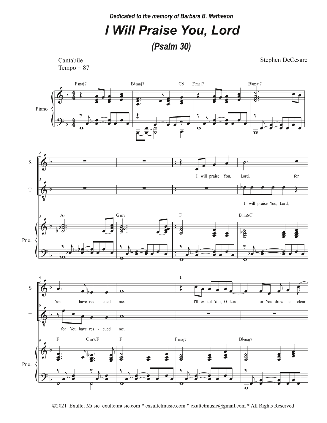 I Will Praise You, Lord (Psalm 30) (2-part choir - (Soprano and Tenor)