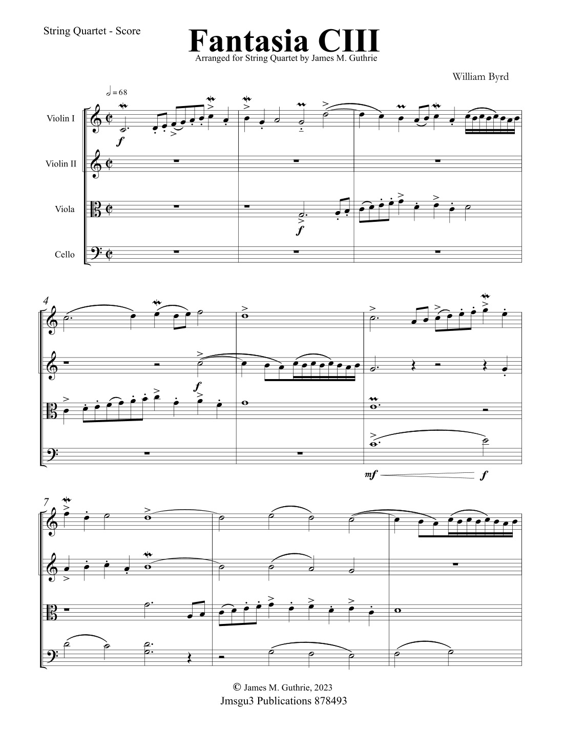 Byrd: Fantasia CIII for String Quartet - Score Only (arr. James M. Guthrie)