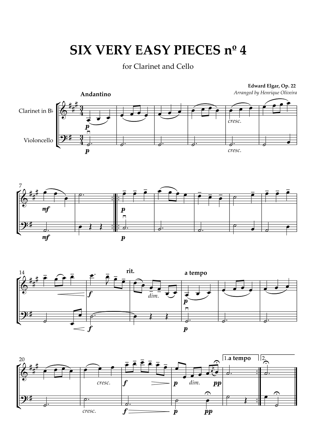 Six Very Easy Pieces nº 4 (Andantino) - Clarinet and Cello (arr. Henrique Oliveira)