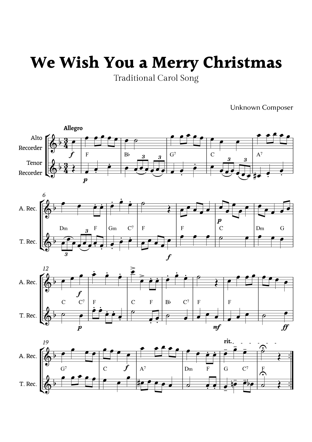 We Wish you a Merry Christmas for Recorder Duet with Chords (arr. Rika K.)