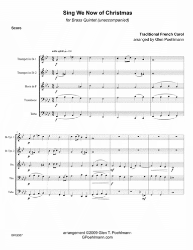 SING WE NOW OF CHRISTMAS arranged for BRASS QUINTET (unaccompanied) (arr. Glen Poehlmann)