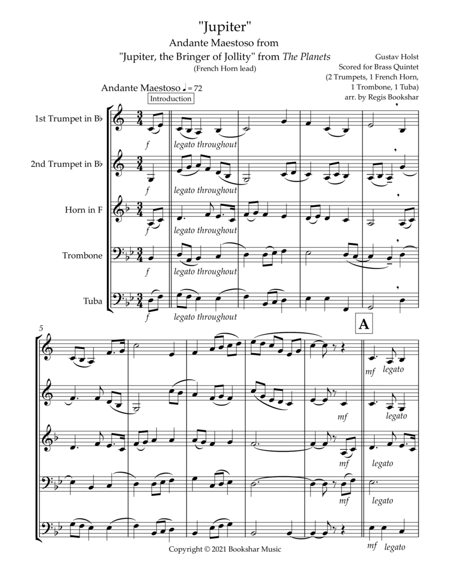Jupiter (Andante Maestoso from "Jupiter, the Bringer of Jollity" from The Planets) (Bb) (Brass Quint (arr. Regis Bookshar)
