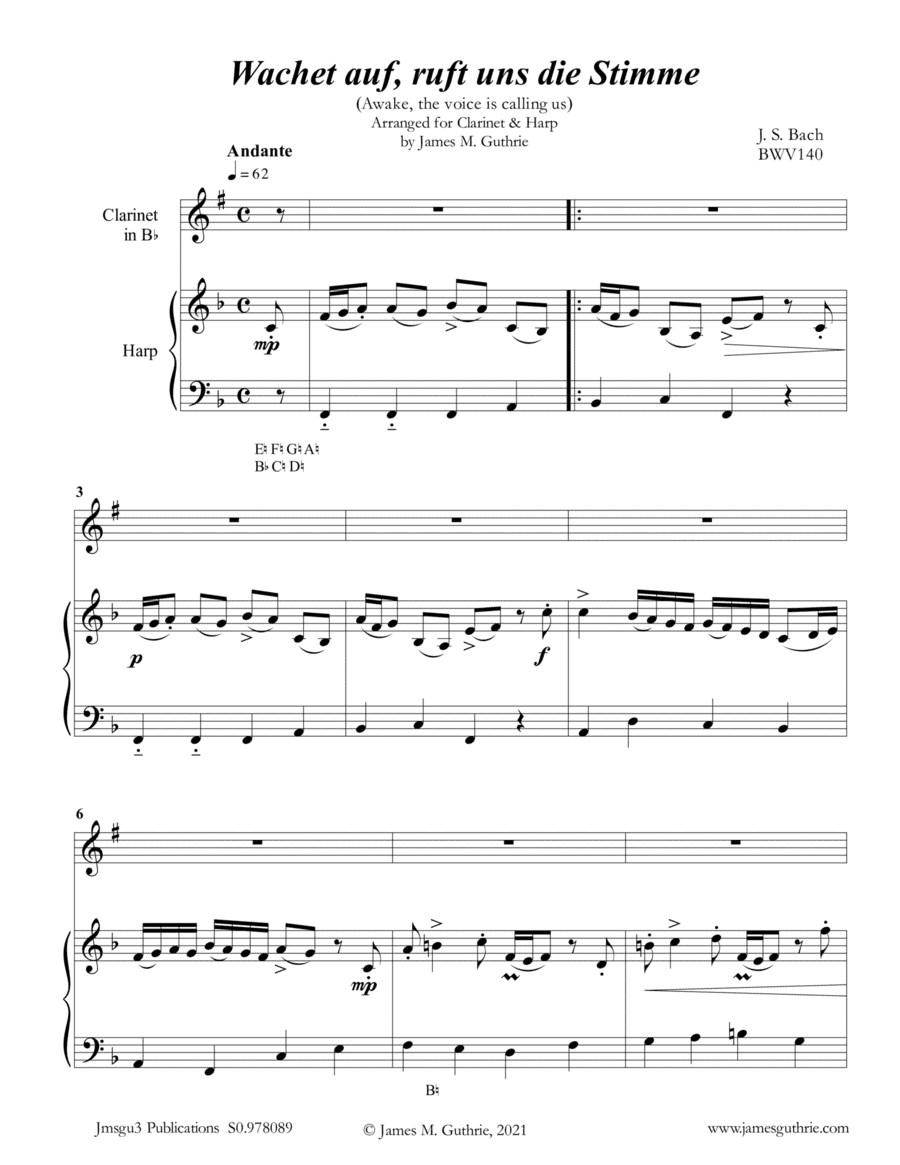 BACH: Wachet Auf BWV 140 for Clarinet & Harp (arr. James M. Guthrie)