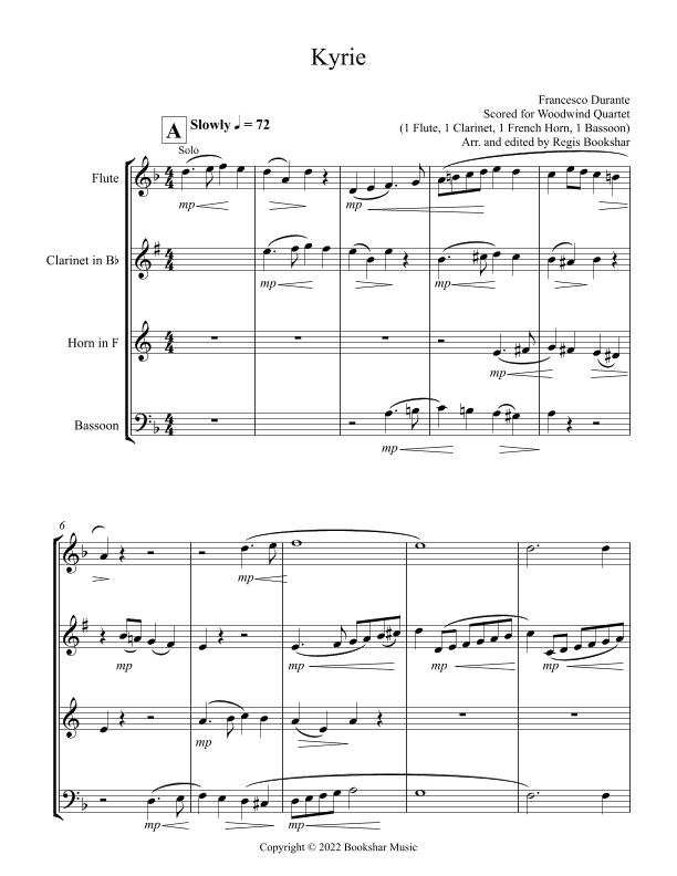Kyrie (Durante) (Woodwind Quartet - 1 Flute, 1 Clar, 1 Hrn, 1 Bassoon) (arr. Regis Bookshar)