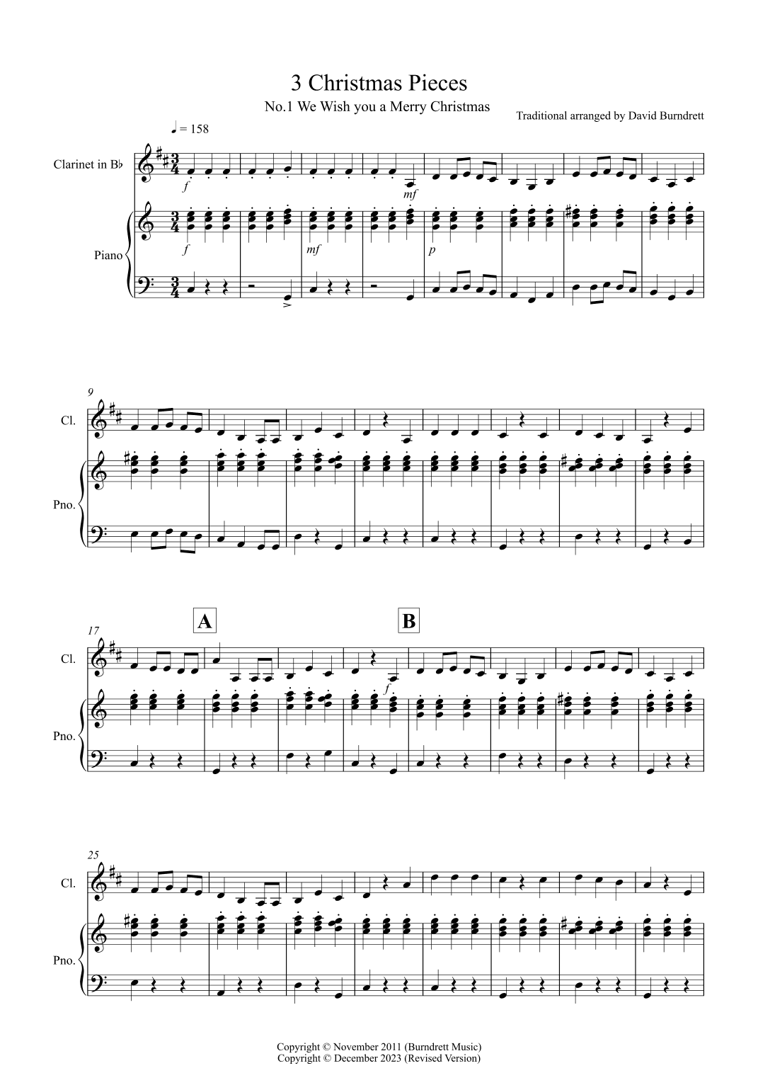 3 Easy Christmas Pieces for Clarinet and Piano (arr. David Burndrett)