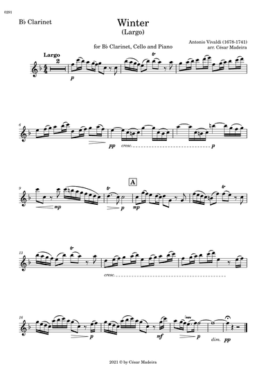 Winter by Vivaldi - Bb Clarinet, Cello and Piano - II. Largo (Individual Parts) (arr. César Madeira)