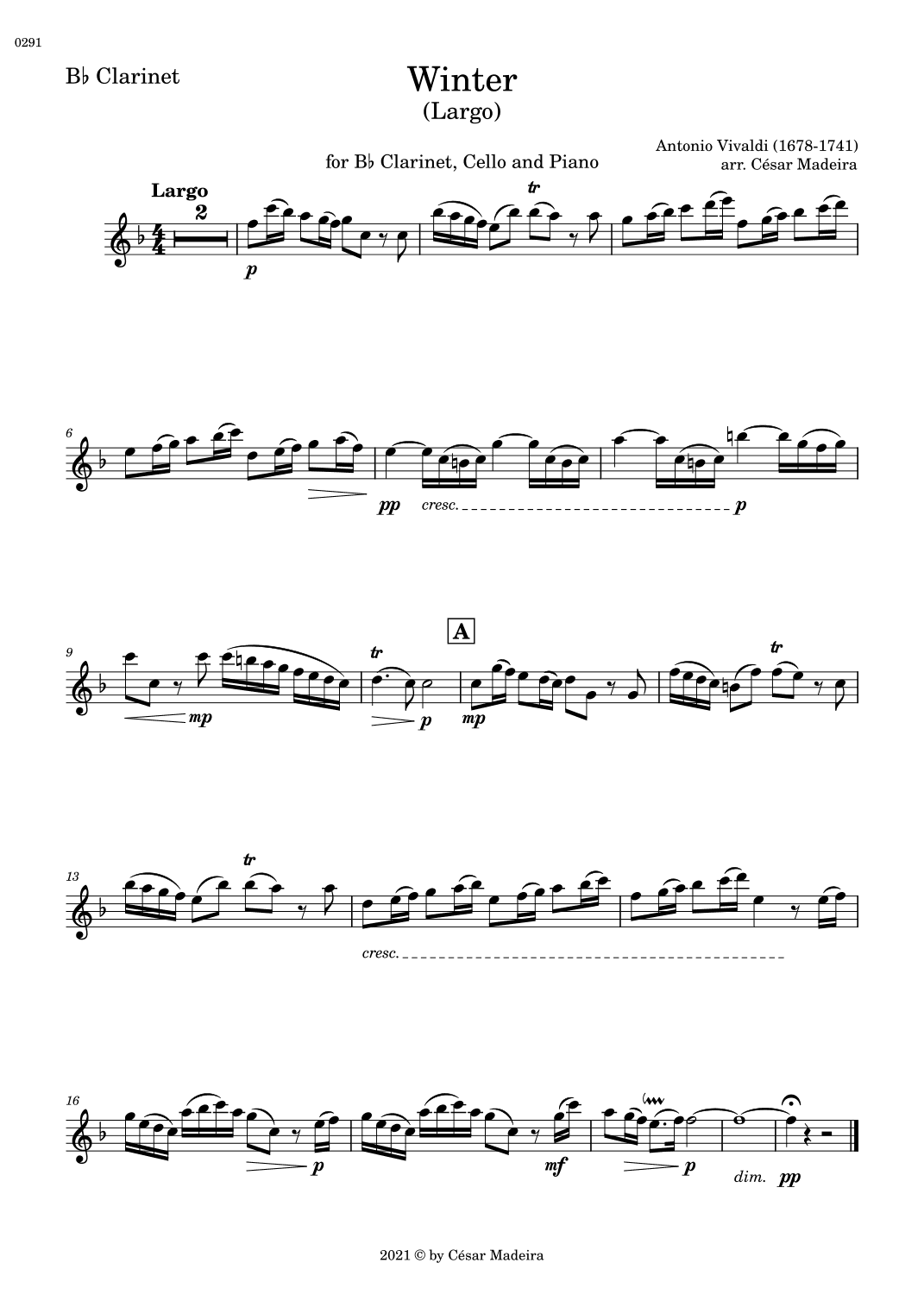 Winter by Vivaldi - Bb Clarinet, Cello and Piano - II. Largo (Individual Parts) (arr. César Madeira)
