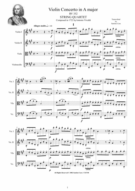 Vivaldi - Concerto in A major RV 352 for String Quartet - Score and Parts (arr. Santino Cara)