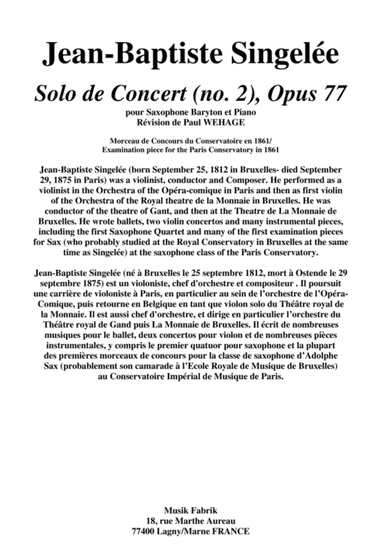 Jean-Baptiste Singelée: Solo de Concert (no. 2) pour saxophone baryton et piano (arr. Musik Fabrik Music Publishing)