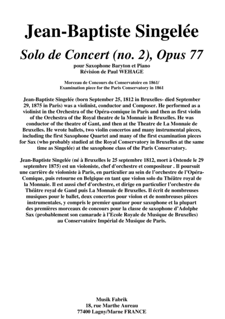 Jean-Baptiste Singelée: Solo de Concert (no. 2) pour saxophone baryton et piano (arr. Musik Fabrik Music Publishing)