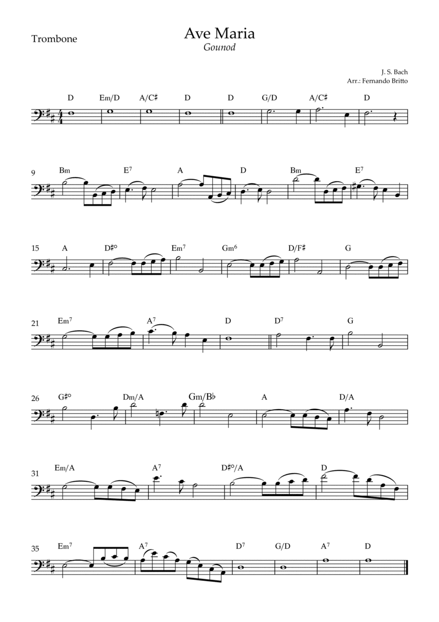 Ave Maria (Gounod) for Trombone Solo with Chords (D Major) (arr. Fernando Britto)