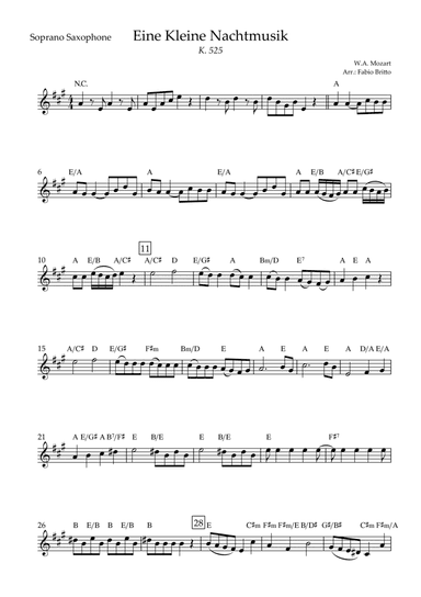 Eine kleine Nachtmusik (W.A. Mozart) for Soprano Saxophone Solo with Chords (Simplified) (arr. Fabio Britto)