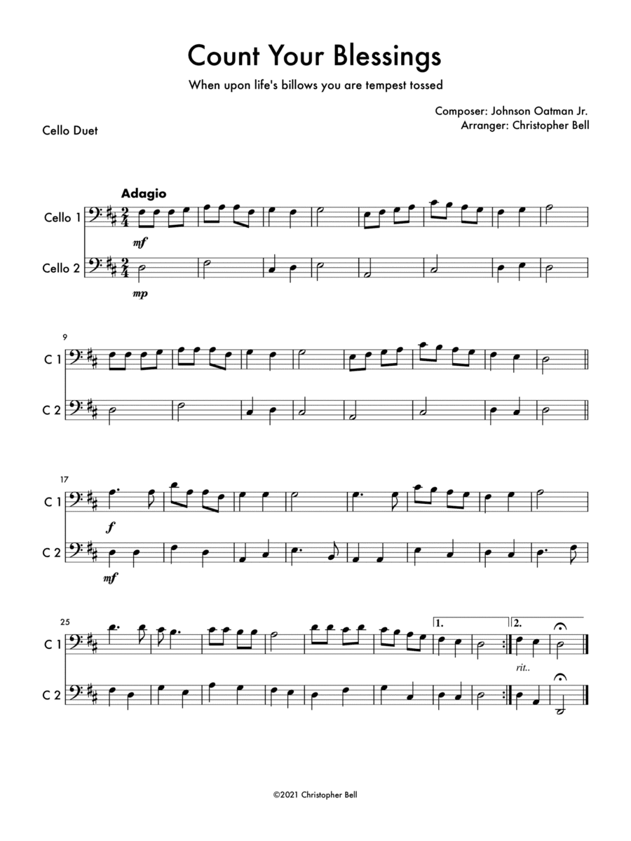 Count Your Blessings - Easy Cello Duet (arr. Christopher Bell)