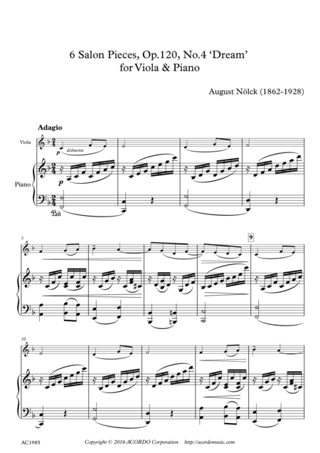 6 Salon Pieces, Op.120, No.4 ‘Dream’ for Viola & Piano (arr. Mikio Kamada)
