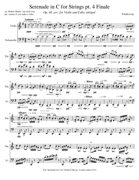 Serenade in C for Strings pt 4 Finale for Violin & Cello (arr. Robert Shuler)